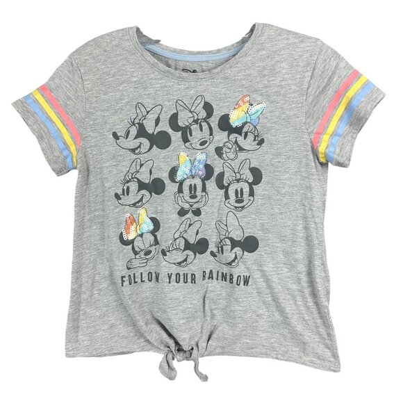 Disney Girls Tee 1416 Minnie Mouse Graphic Sequins Tie Front Follow Your Rainbow - Picture 1 of 7